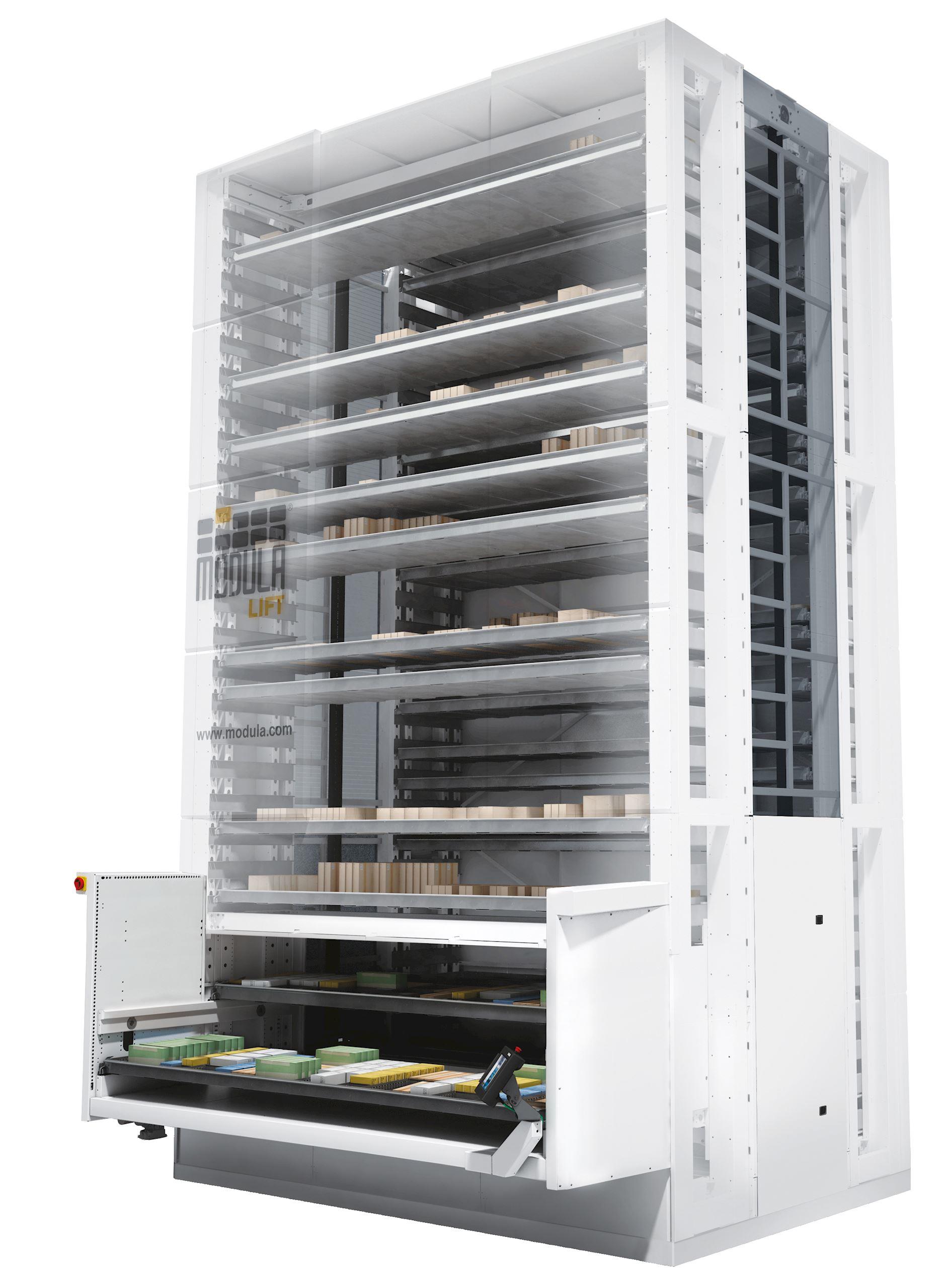 Modula Lift vertical lift module — cutaway 3D render showing trays and elevator
